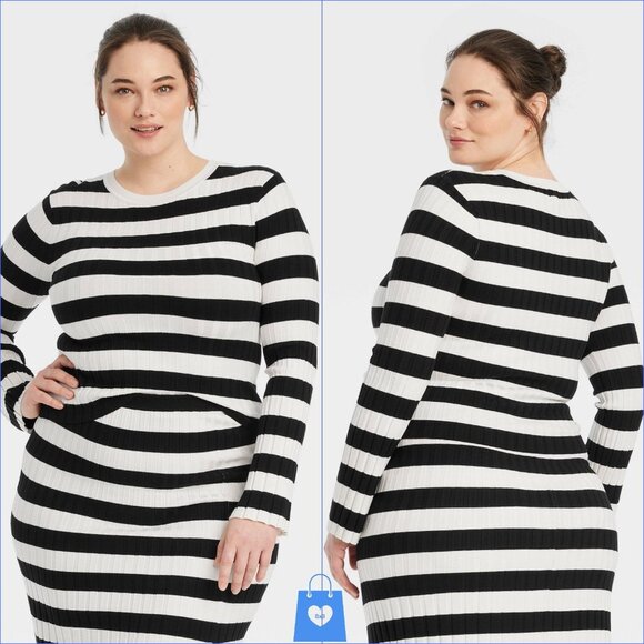 XXL - Womens Crewneck Pullover Sweater - A New Day - Cream Black Striped - Picture 1 of 5